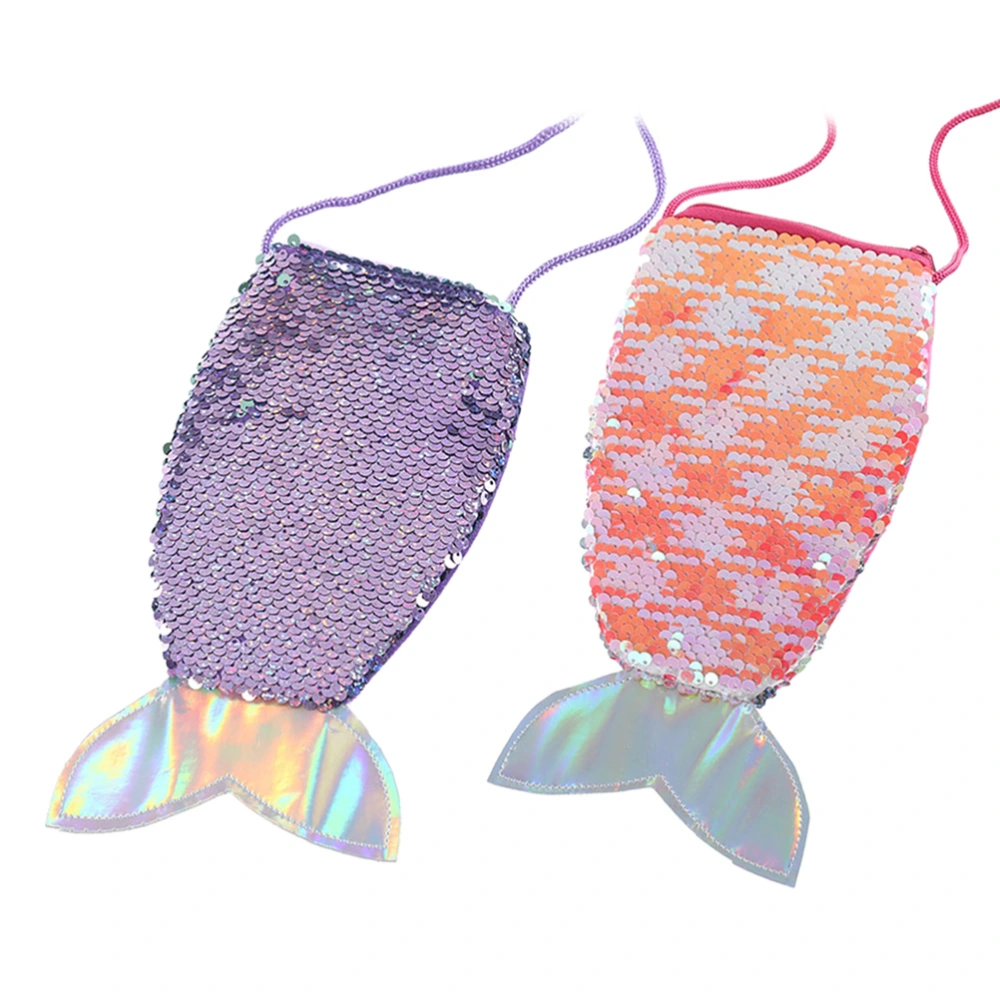 2pcs Fish Tail Design Shoulder Pouch Adorable Sequin Phone Bag Fashion Kids Coin Bag Girl Storage Bag Portable Purse (Violet and Orange, 1pc for Each Color)