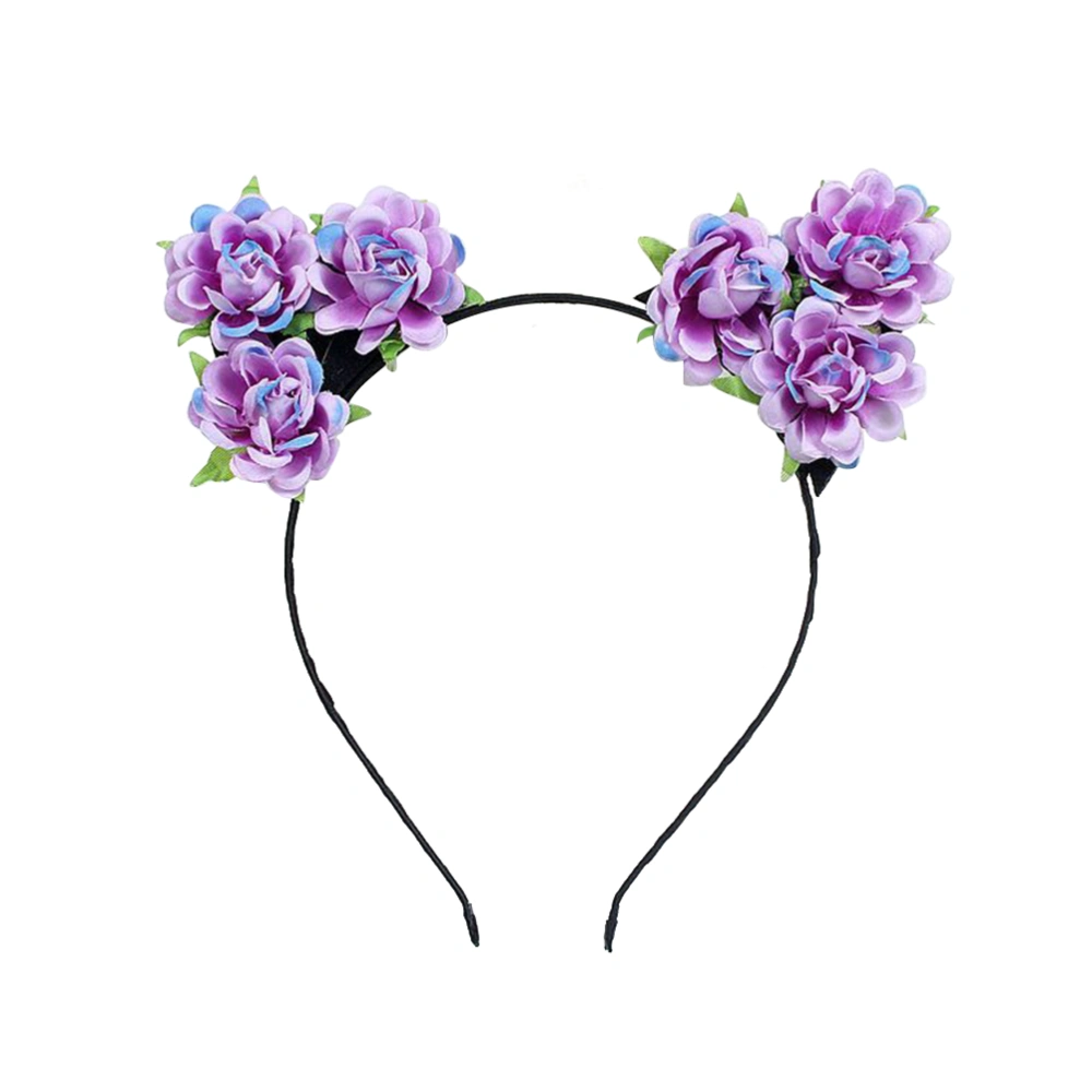 Cat Ears Headband Rose Flower Hair for Masquerade Party Cosplay Costume Accessory (Purple)