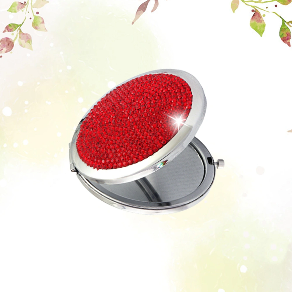 Rhinestone Folding Mirror Portable Cosmetic Mirror Round Makeup Mirror Looking Glass Red