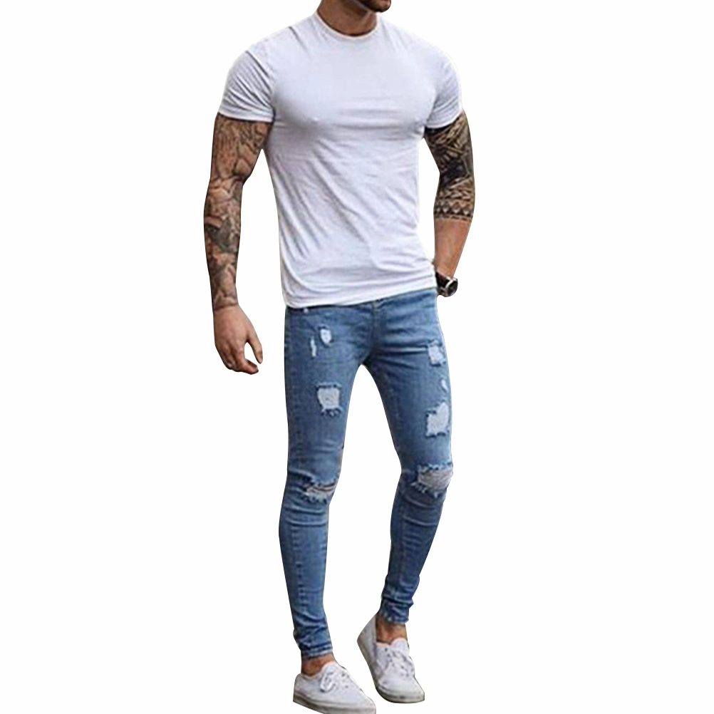 Fashion Destroyed Torn Pants Men's Pant Zipper Skinny Jeans Size S (Blue)