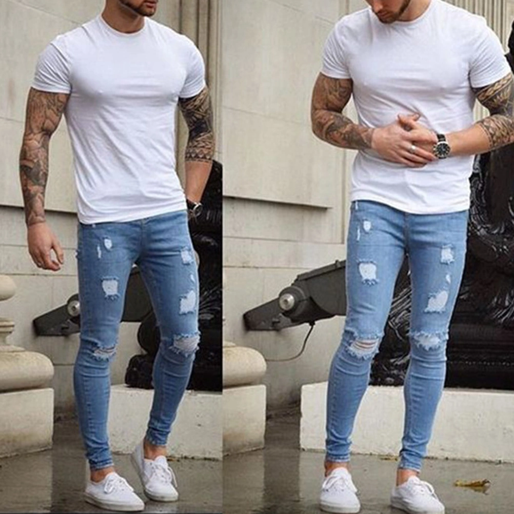 Fashion Destroyed Torn Pants Men's Pant Zipper Skinny Jeans Size S (Blue)