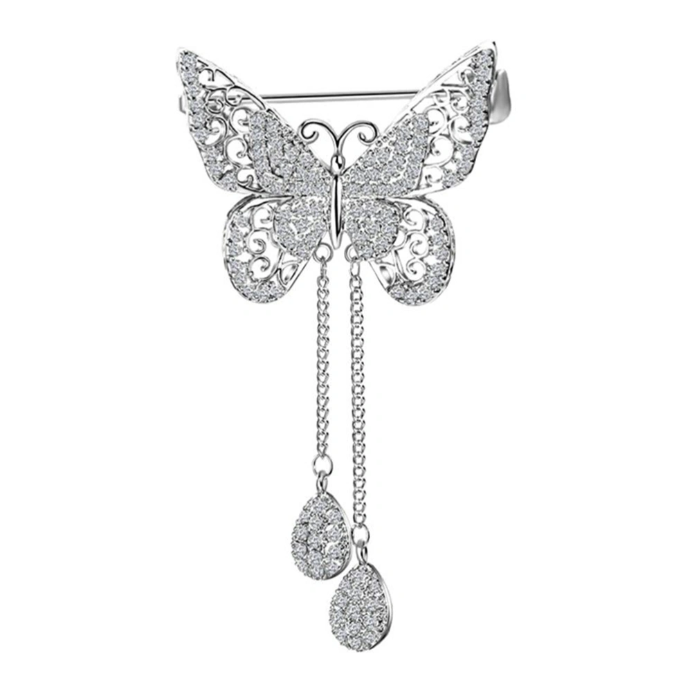 Women Big Pattern Brooch Enamel Pin Tassel Hollow Dangling Zircon Breastpin (Silver)