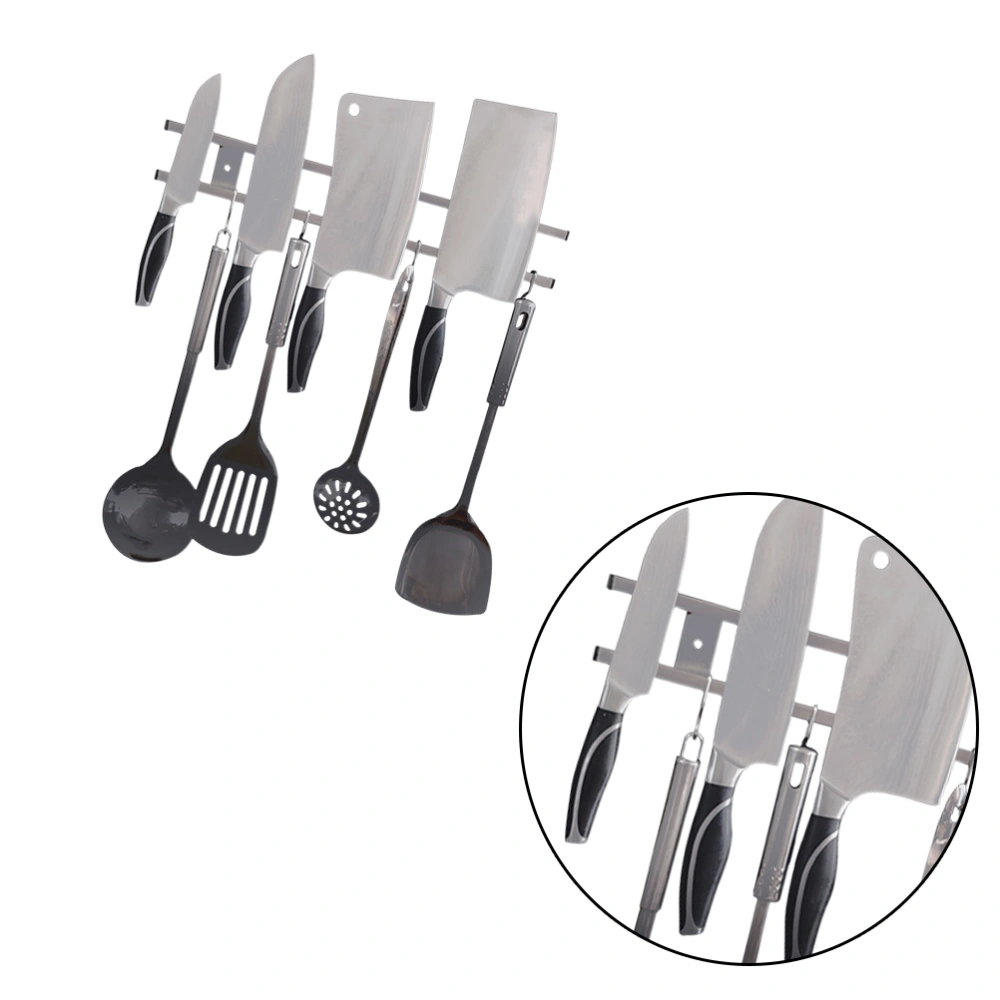 Stainless Steel Magnetic Holder Double Bar Easy Storage Rack Wall Mounted Kitchen Utensil Hanger with 4 Hooks (Silver, L400)