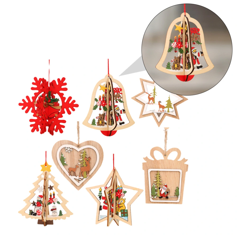 7pcs Wooden Christmas Tree Pendant Wooden Five-pointed Star Bell Pendant