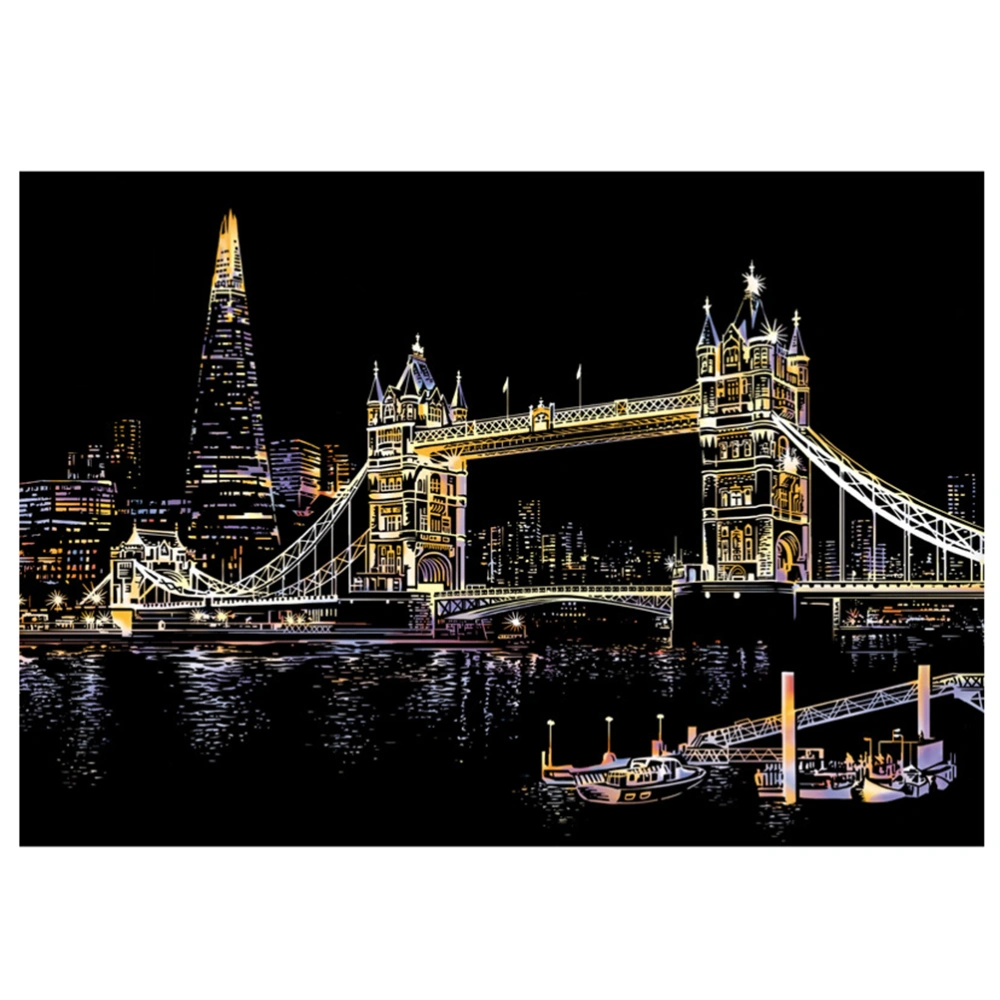 1 Set Tower Bridge Picture Kit Scratch Painting Supplies DIY City Night Drawing Scratch Paper Tools Kit