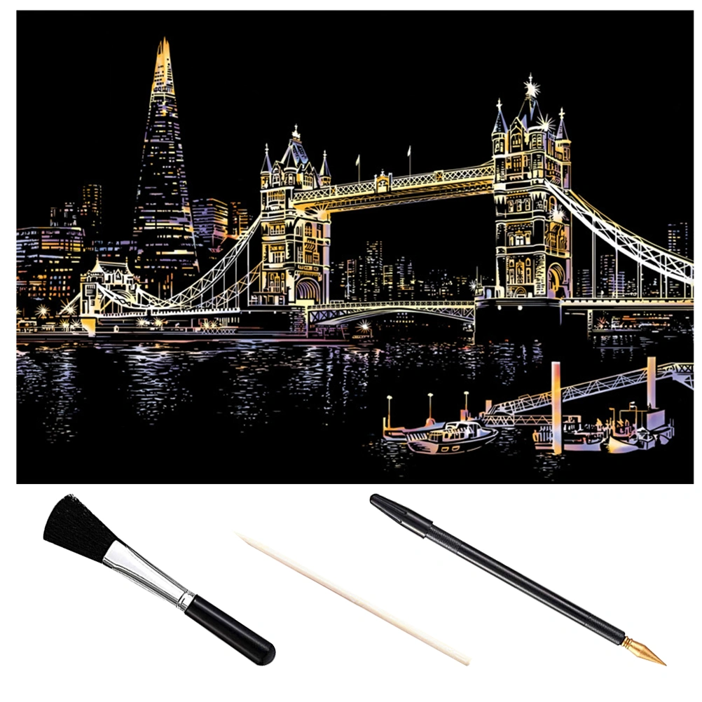 1 Set Tower Bridge Picture Kit Scratch Painting Supplies DIY City Night Drawing Scratch Paper Tools Kit