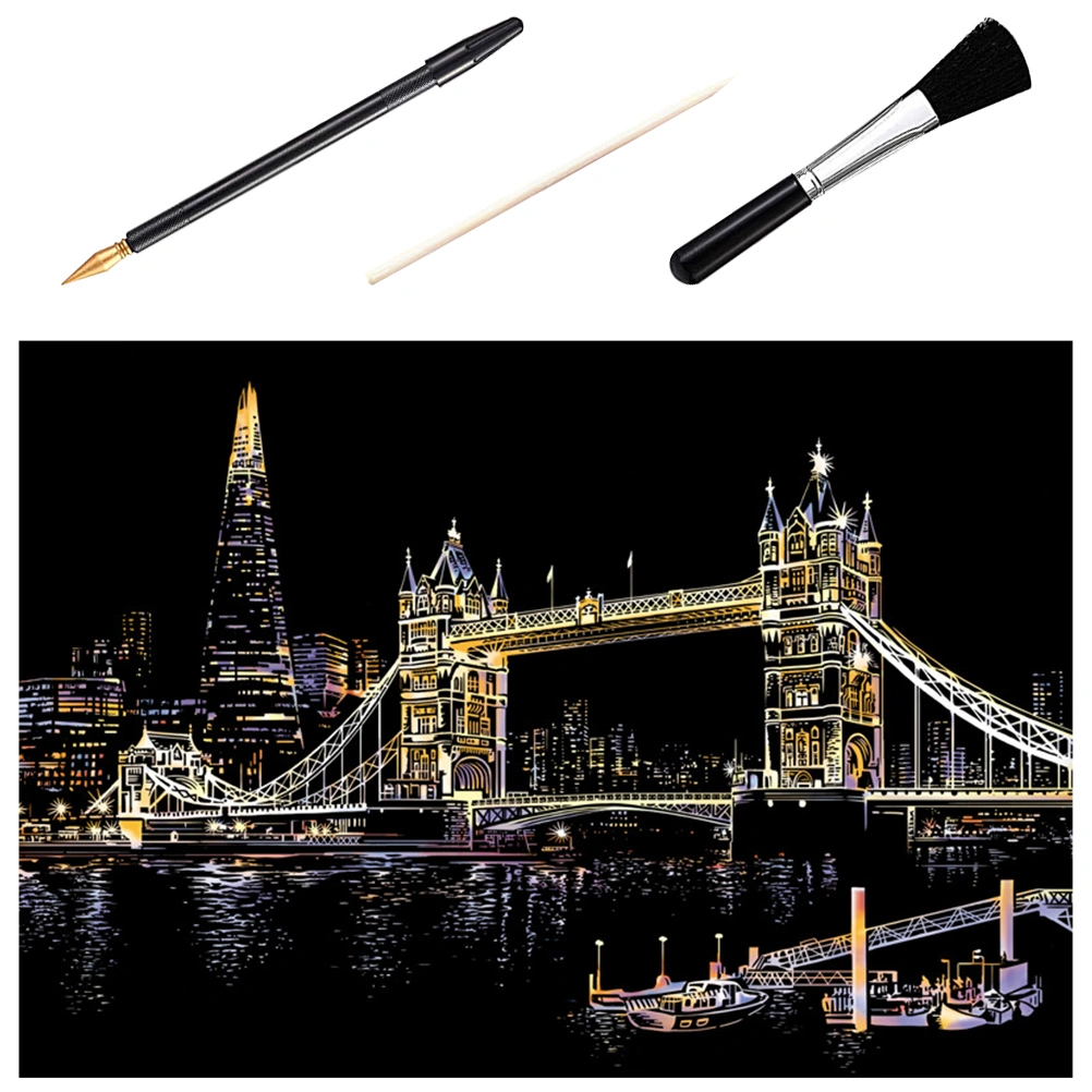1 Set Tower Bridge Picture Kit Scratch Painting Supplies DIY City Night Drawing Scratch Paper Tools Kit