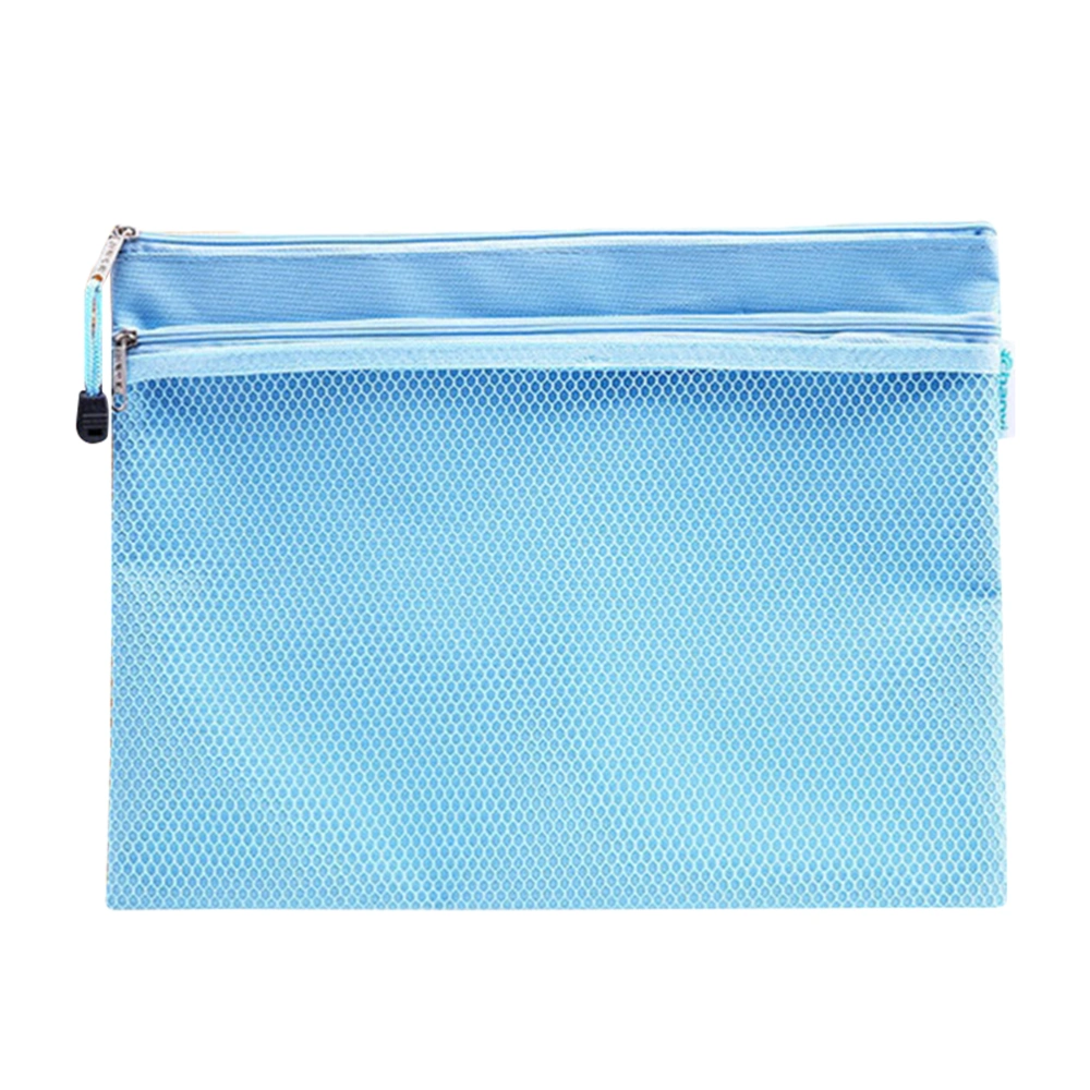 Double-deck Mesh File Pockets Canvas Zipper File Bags Documents Organizer Pouch (Sky-blue)