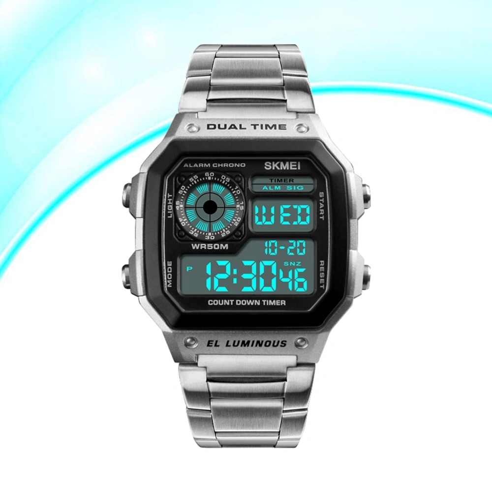 Men Sports Outdoor Watch Waterproof Watch Stainless Steel Fashion Digital Watch Men Clock (Silver)