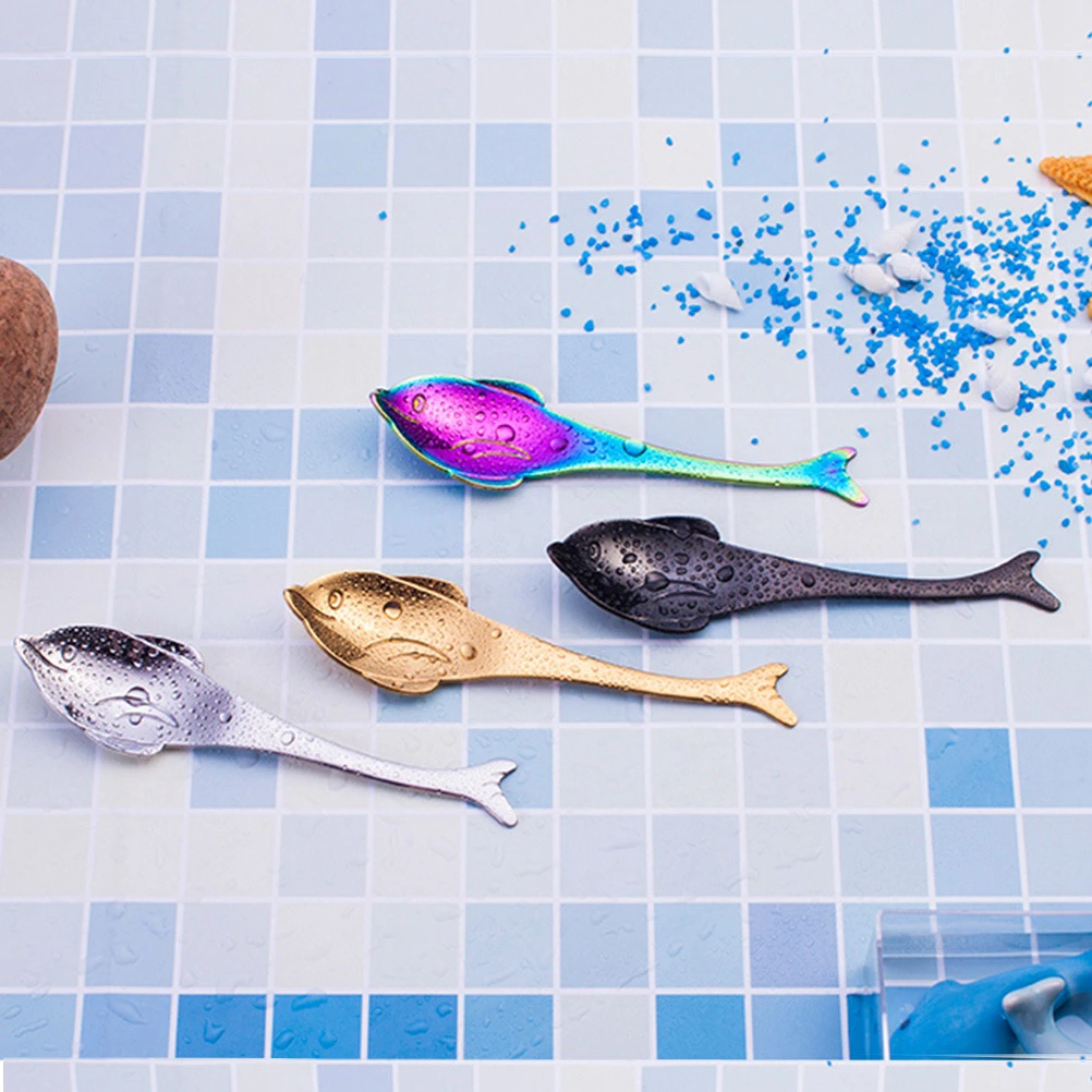 Stainless Steel Coffee Spoon Dolphin Soup Spoon Reusable Tea Scoop Stirring Spoon Sugar Dessert Cake Spoon (Golden)