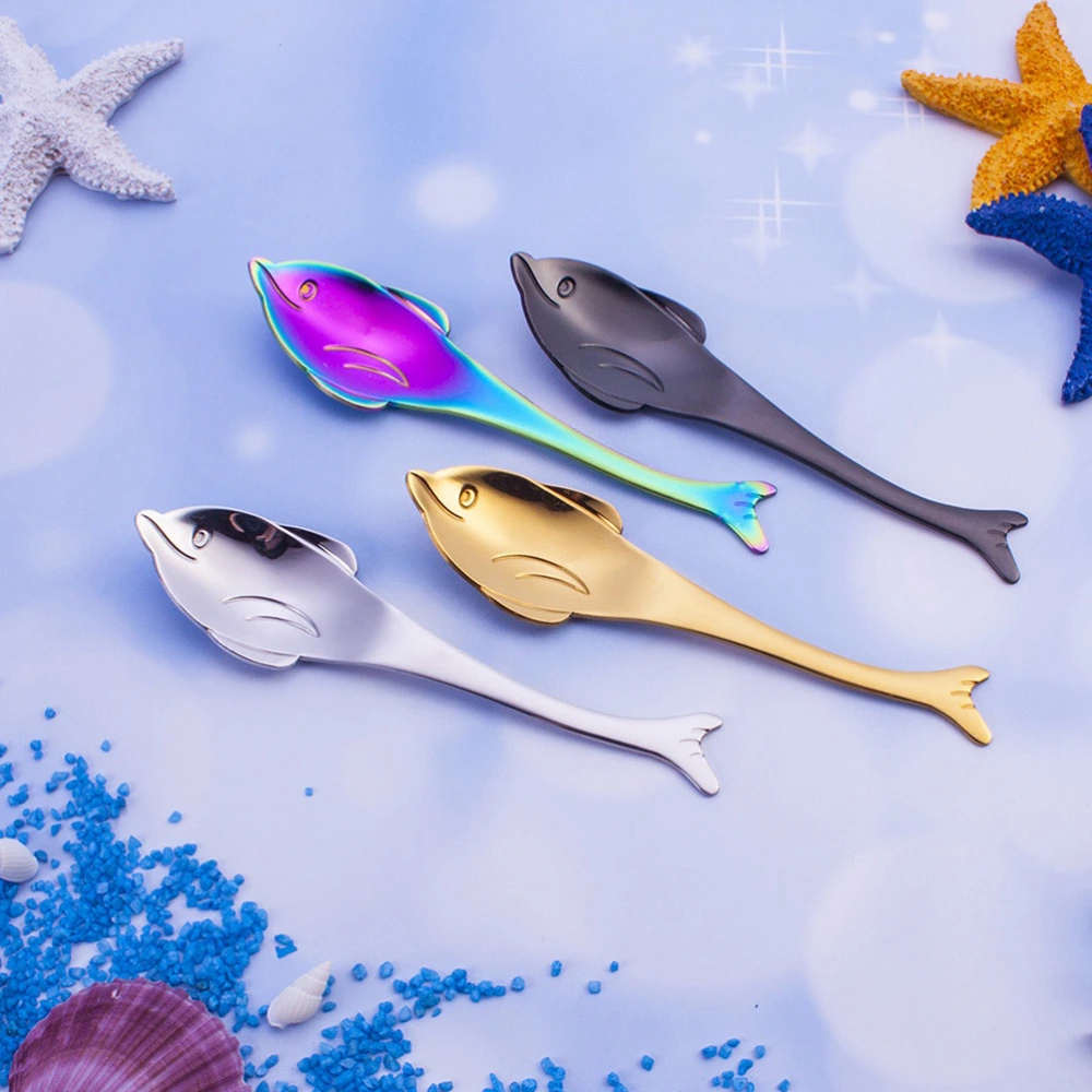 Stainless Steel Coffee Spoon Dolphin Soup Spoon Reusable Tea Scoop Stirring Spoon Sugar Dessert Cake Spoon (Golden)