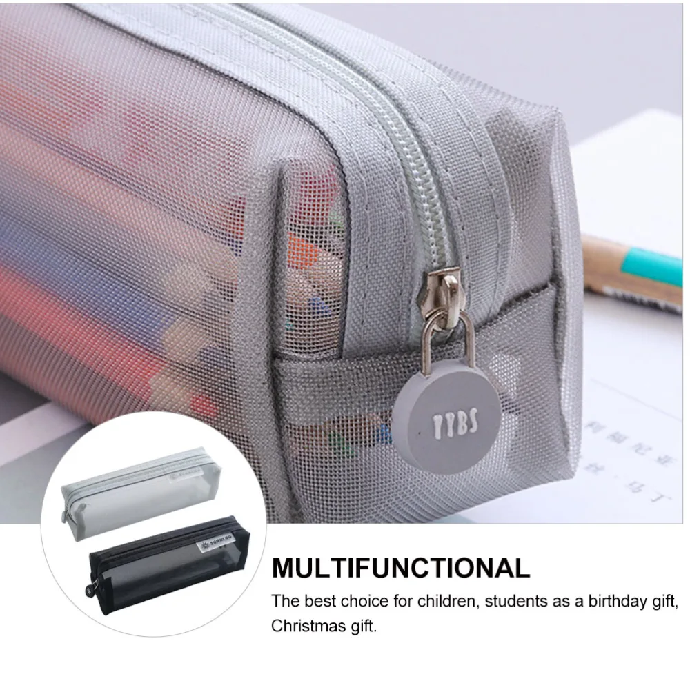 2pcs Student Net Mesh Pen Pouch Stationery Pencil Holder Pen Bag(Gray Black)