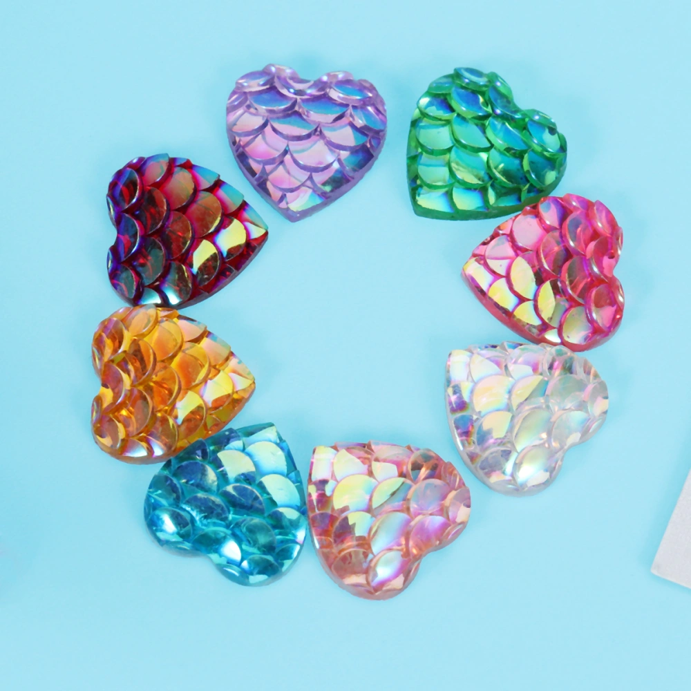 50pcs DIY Women Fashion Jewelry Accessories 10mm Bag Accessories Creative Heart-shaped Fish Scale Style Flat-bottom Resin Charm Accessories for Making Necklace (Mixed Color)