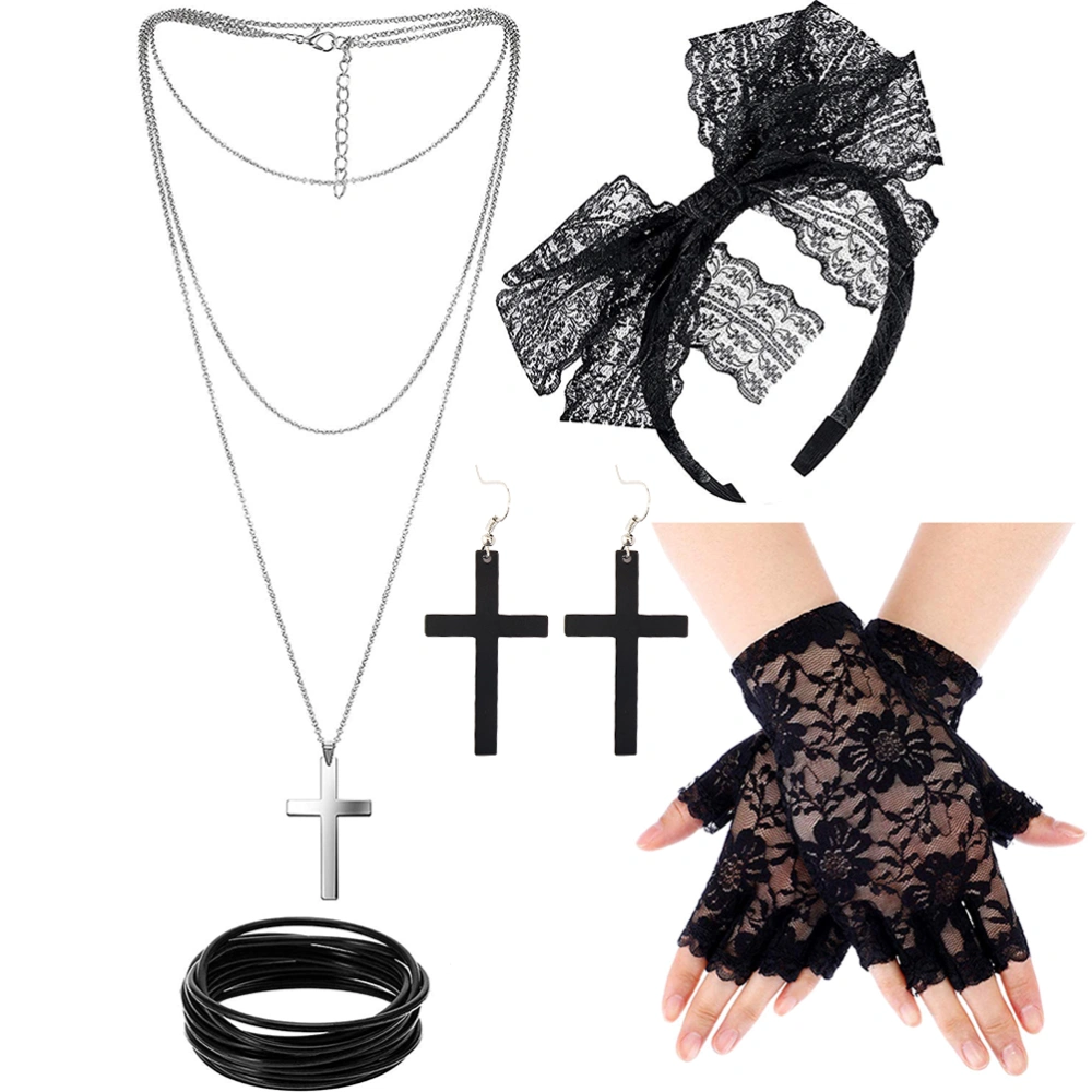 1 Set of Sexy Dress-up Set Cross Necklace Fashion Bracelet Lace Headband Show Fancy Costume Black (Free Size)