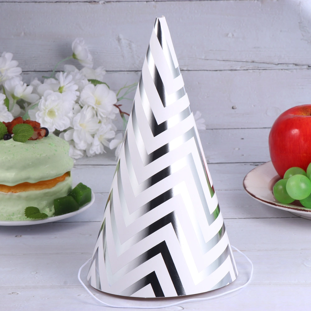 10pcs Children Birthday Party Headdress Triangle Party Hat Gilding Stripe Decor Party Supplies (Wave Stripe, Silver)