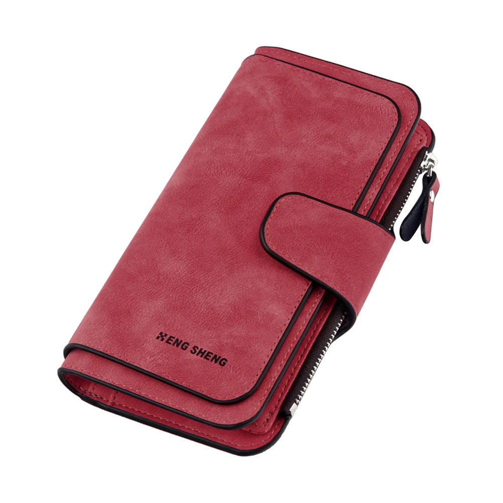 Red Women Triple-folded Bag Double Color Retro Buckle Wallets Matte Long Zipped Pocket Wallet Premium PU Purse