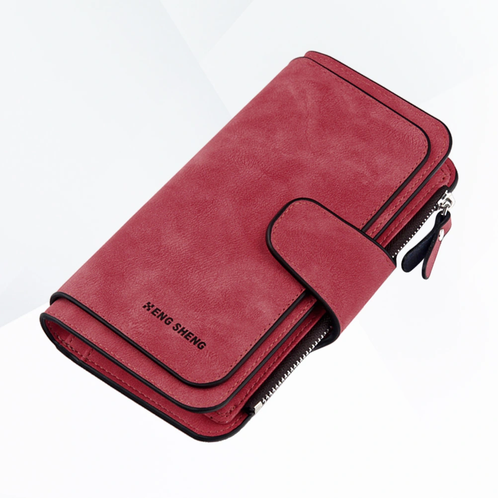 Red Women Triple-folded Bag Double Color Retro Buckle Wallets Matte Long Zipped Pocket Wallet Premium PU Purse