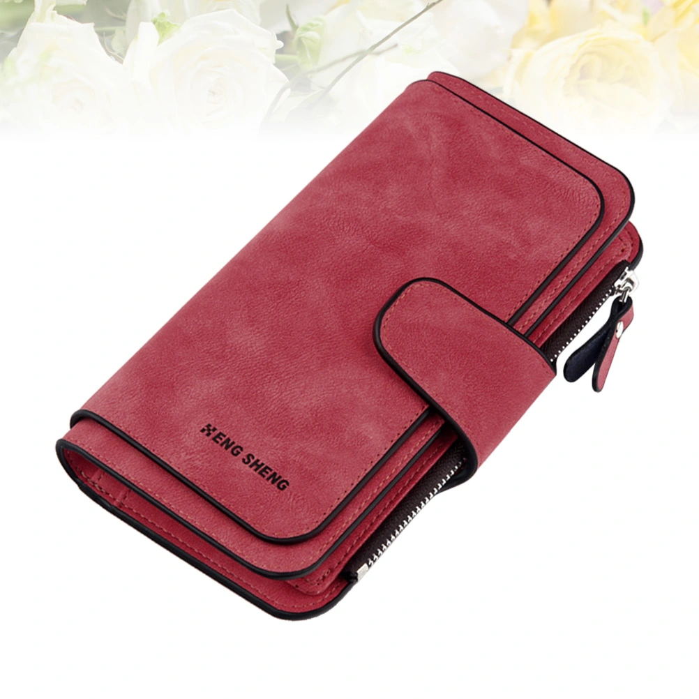 Red Women Triple-folded Bag Double Color Retro Buckle Wallets Matte Long Zipped Pocket Wallet Premium PU Purse