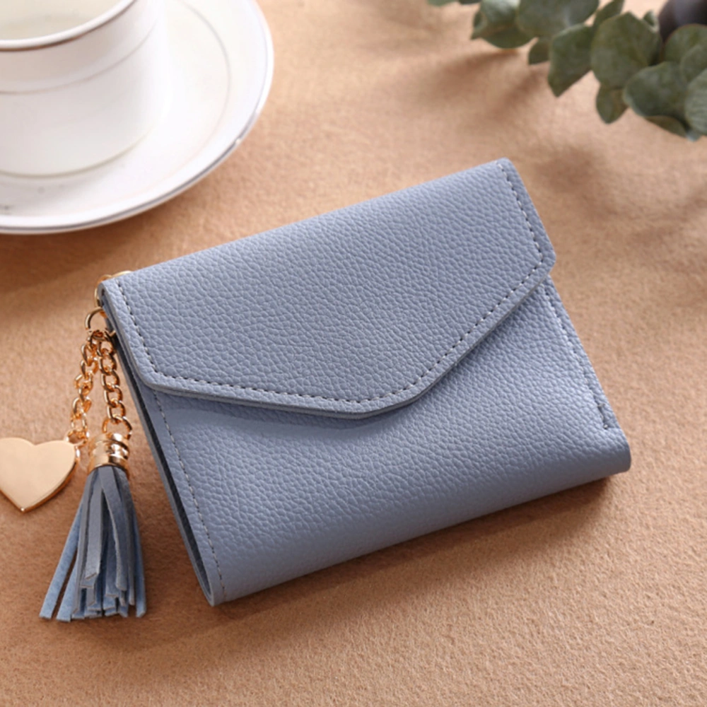 Women Litchi Grain PU Leather Wallet Mini Triple Folded Purse for Cards Coins Cash Holding with Tassel Pendant(Light Blue)