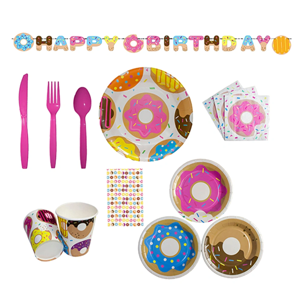 1 Set of 114PCS Donut Theme Tableware Kit Party Paper Plate Cups Napkin Pull Flag Kit Cartoon Donut Tableware Napkin Banners Set Disposable Birthday Tableware Tissue Bunting Set for 16 People Use