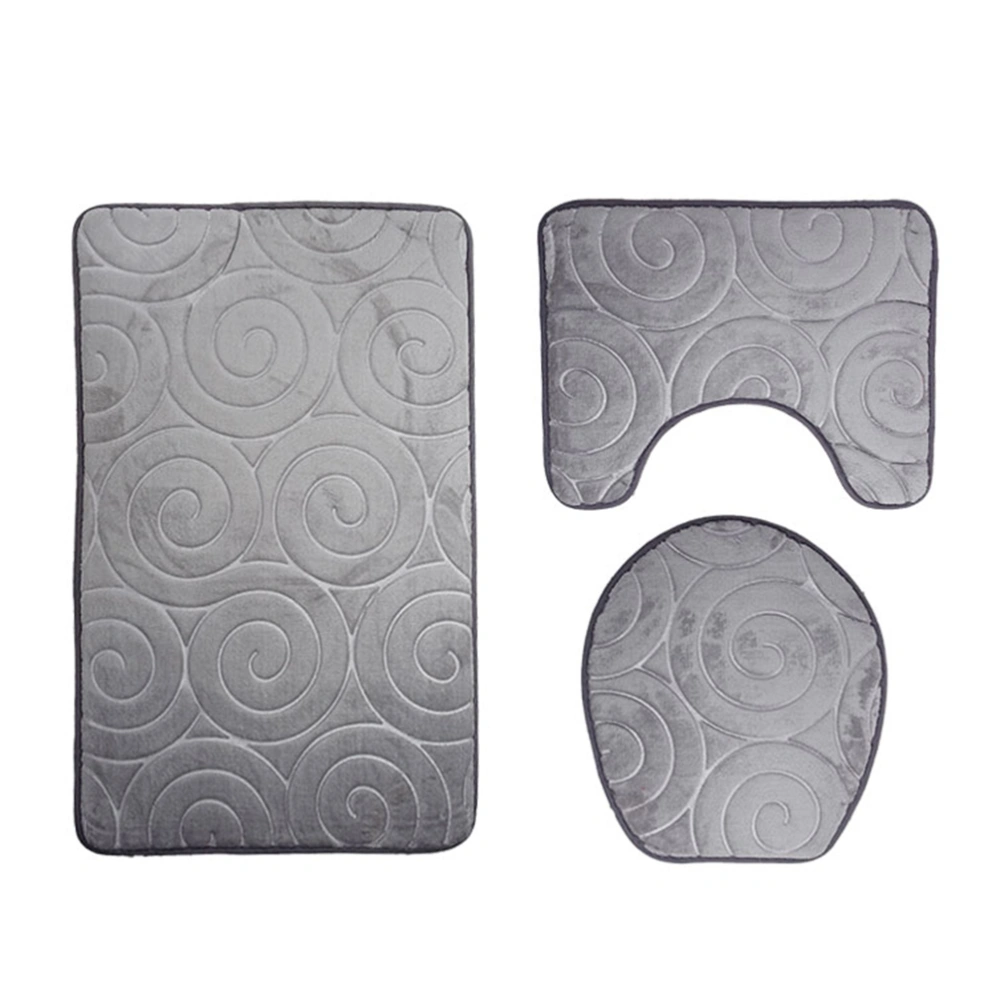 Three Pieces Bathroom Mat Set Flannel Embossed Circle Nonslip Bath Bathtub U-shape Rug Carpet Toilet Seat Lid Cover (Grey)