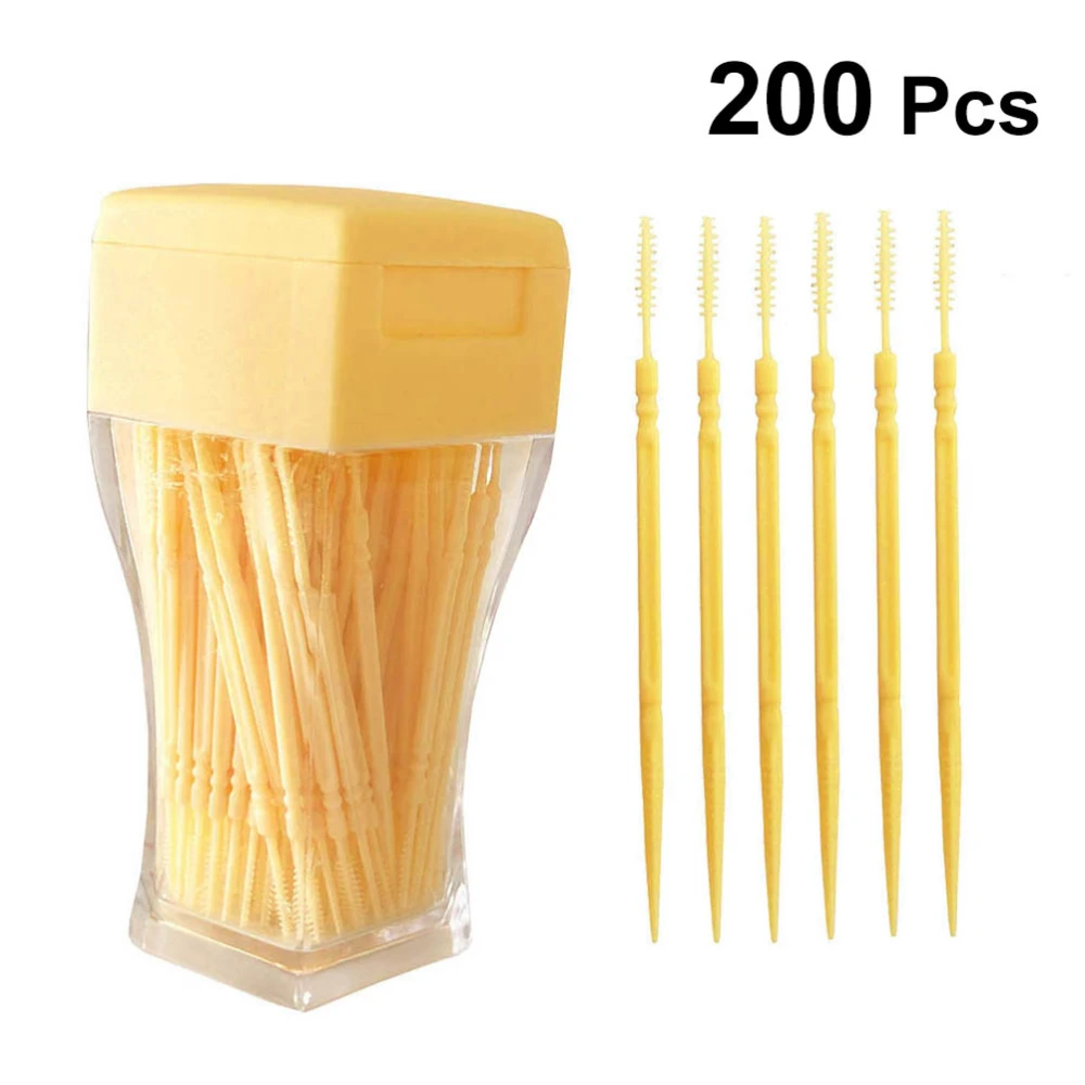 200pcs Double-head Toothpicks Plastic Oral Care Interdental Floss Cleaners (Light Yellow)