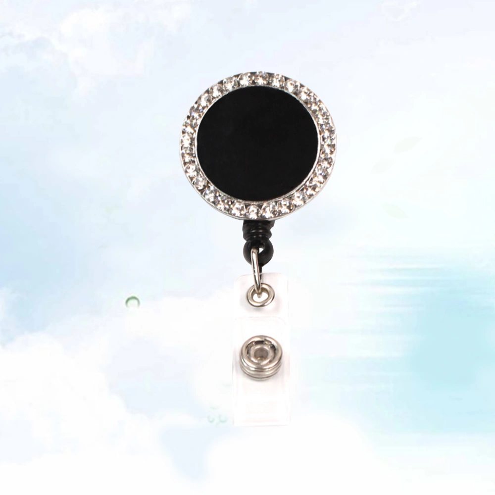 Retractable Anti-lost Badge Holder Alloy Rhinestone Keychain ID Holder Work Badges Accessories (Black)