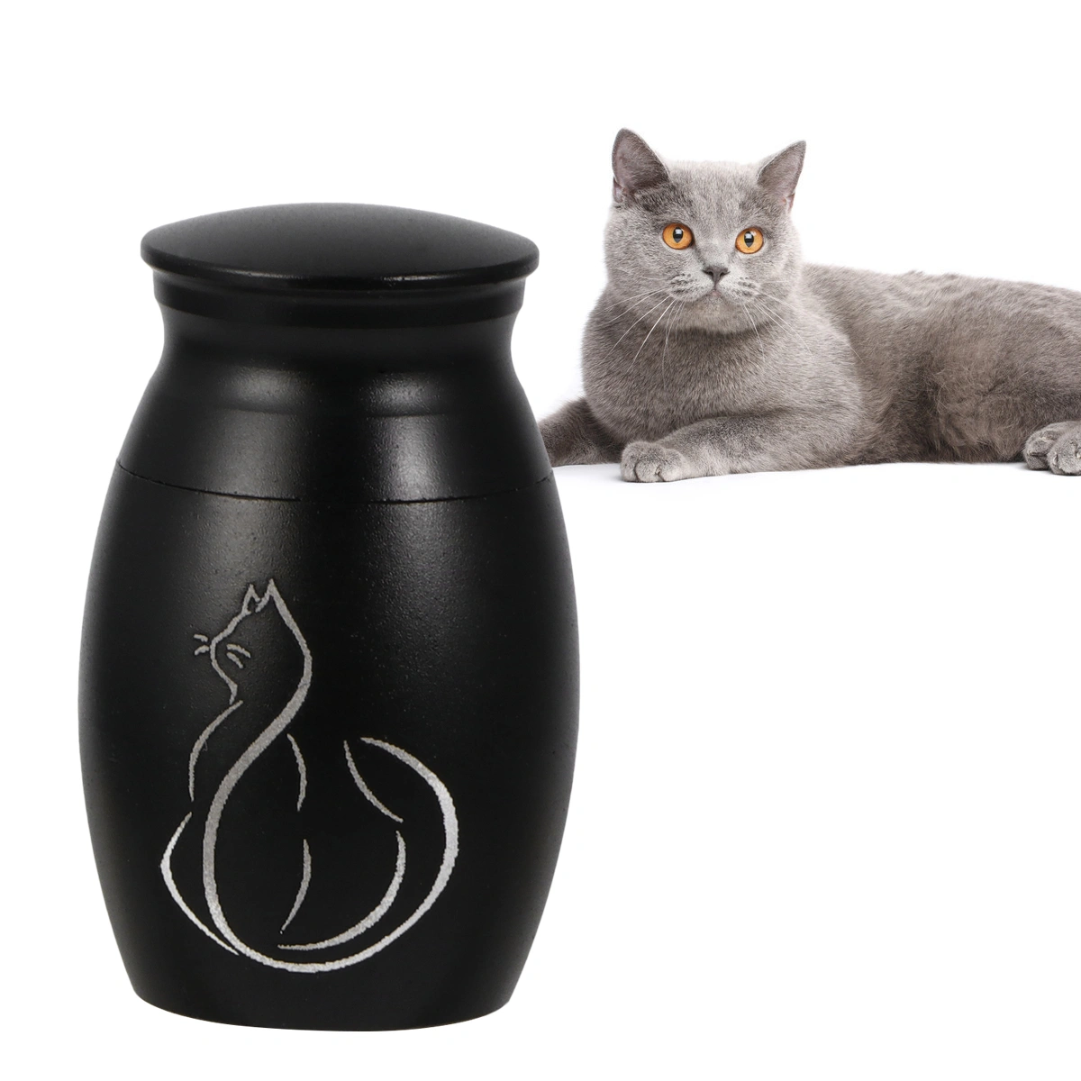 Pet Stainless Steel Cinerary Funerary Urn Jar Kitten Printed Urn Container with Opening Screw Lids (Black)