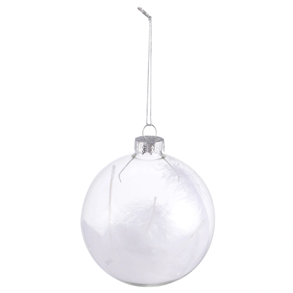 1Pc 8cm-diameter High-boron Sphere with Feathers Inside Transparent Ball Ornament (White)