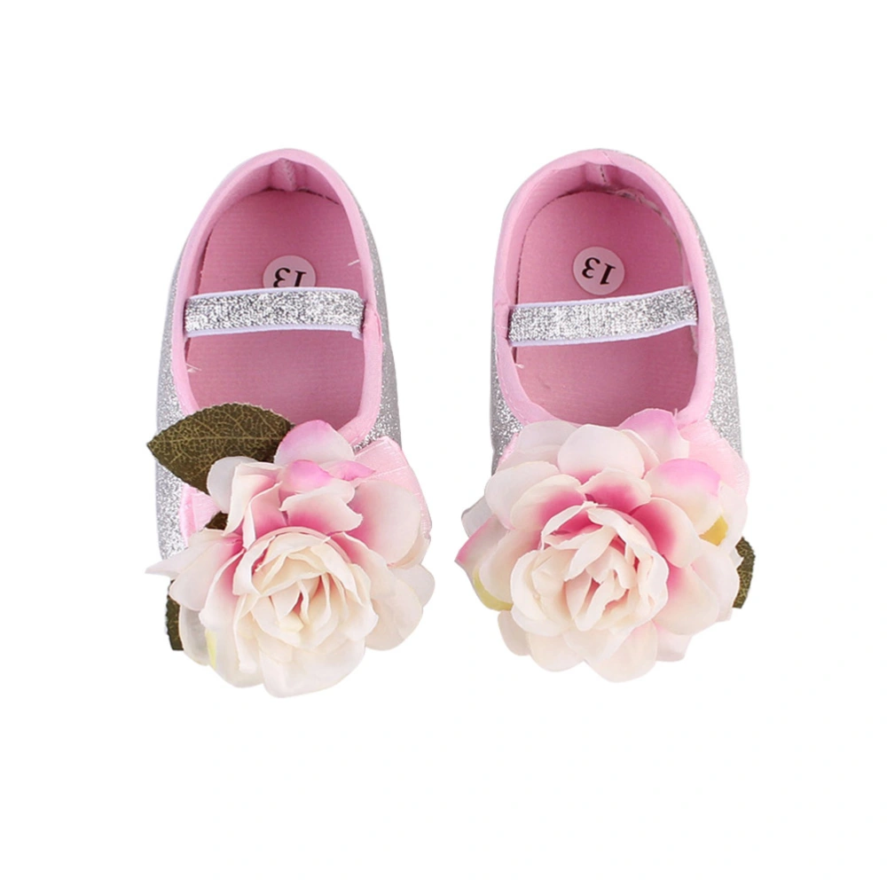 2pcs Toddler Baby Flower Prewalker Shoes Infant Girl First Walking Shoes with Flower Footband 13CM (Silver)