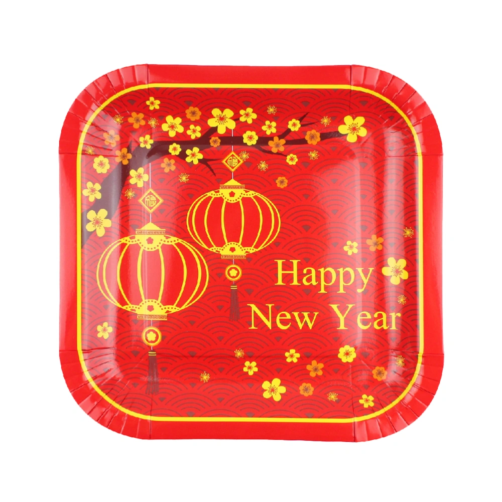 8pcs 9 Inches Happy New Year Letter Disposable Tableware Chinese Decorative Beautiful Party Paper Plates for New Year Party Random Pattern