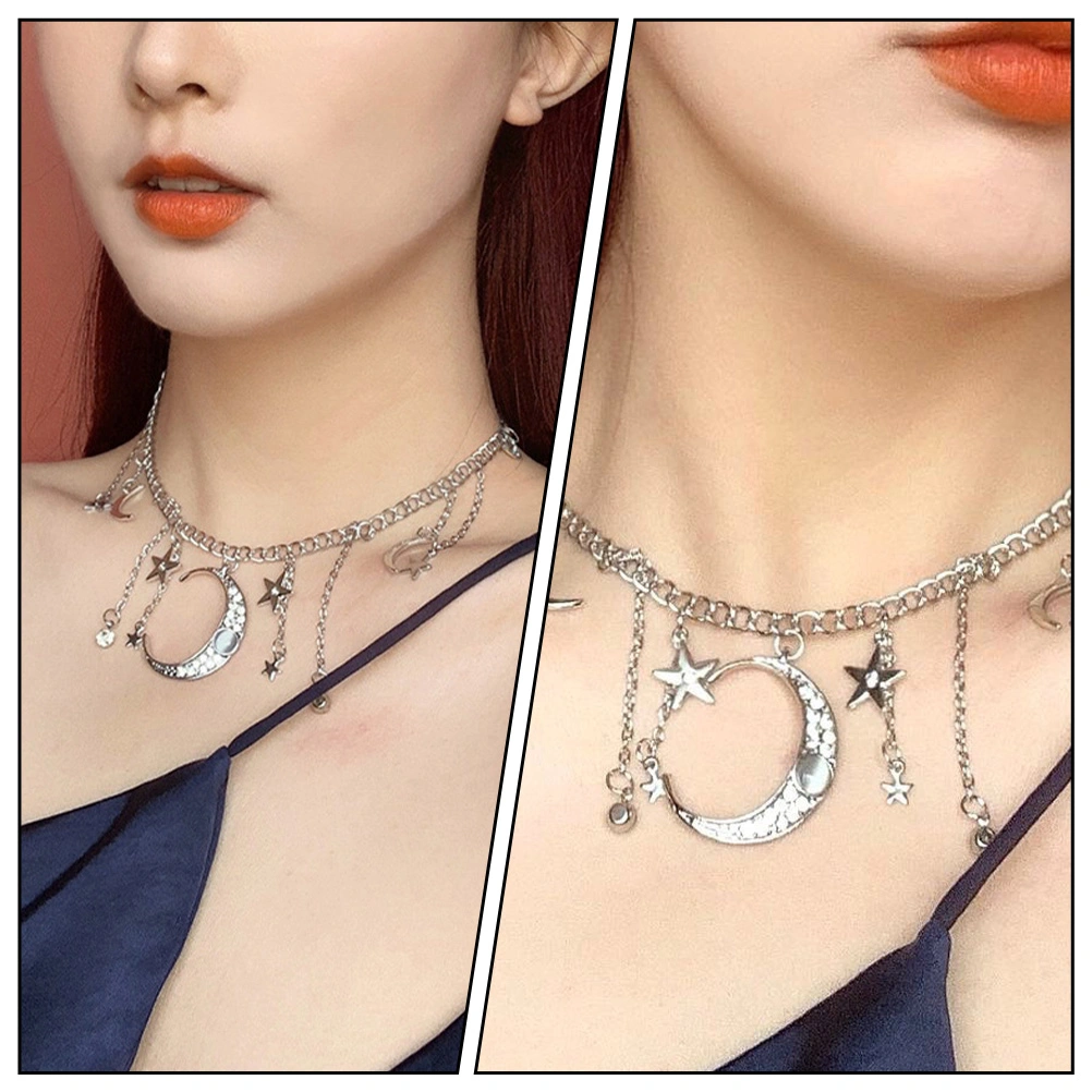 1PC Star Moon Clavicle Chain Sun Moon Rhinestone Tassel Necklace Neck Decor