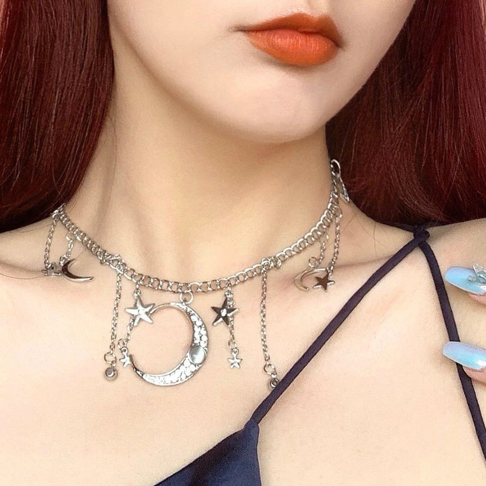 1PC Star Moon Clavicle Chain Sun Moon Rhinestone Tassel Necklace Neck Decor