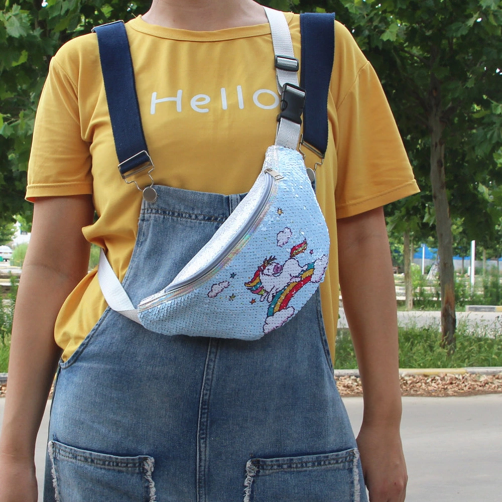 Blue Portable Sequin Waist Bag Fashion Stylish Casual Chest Bag Unicorn Cloud Printing Sports Pack Cosmetic Waist Pouch