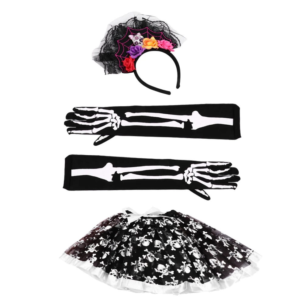 1 Set Halloween Gauze Skirt Headdress Gloves Girls Clothes Skull Theme Costumes