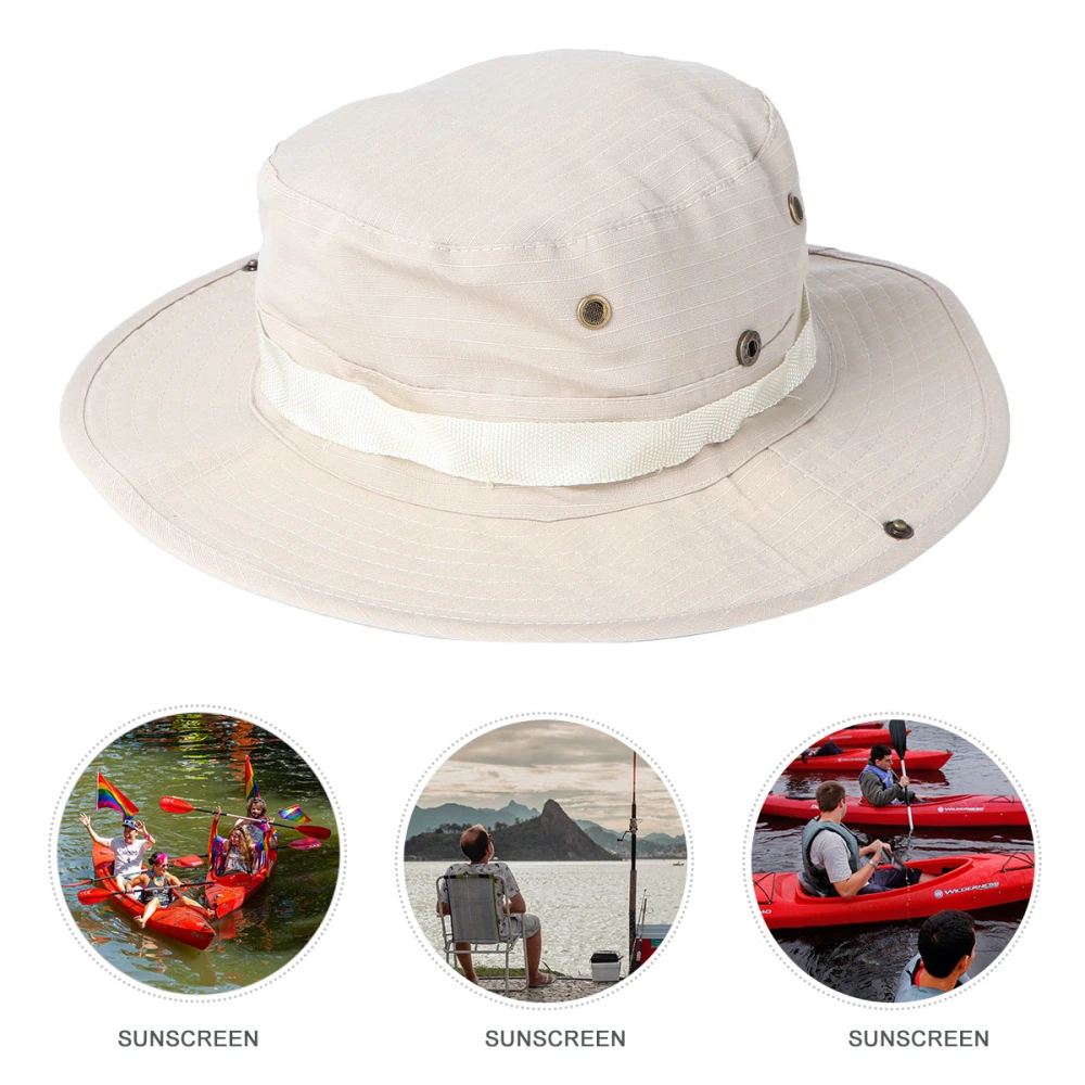 Outdoor Sunshade Fisherman Fishing Hat Sun Bucket Hat with String Wide Brim Hat for Men Women (Creamy White)