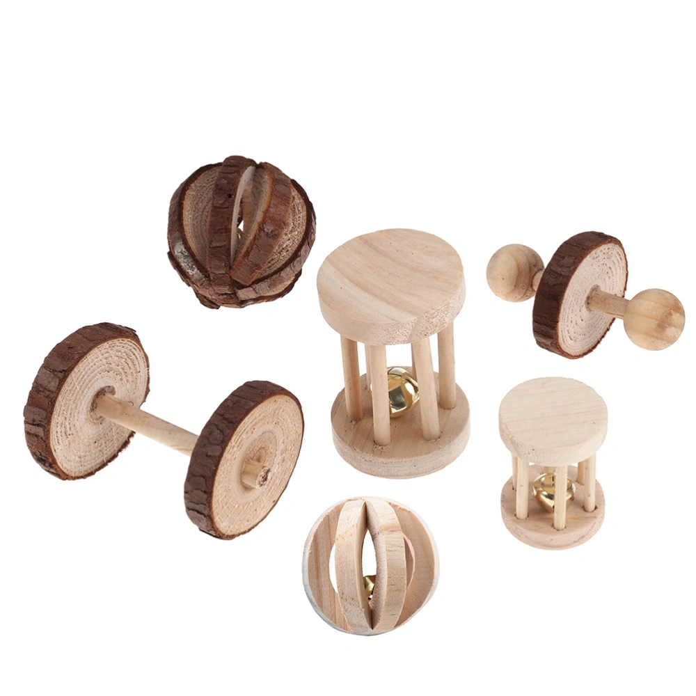 6pcs Hamster Chew Toys Natural Wooden Pine Dumbells Exercise Bell Roller Teeth Care Molar Toy For Rabbits Rat Guinea Pig Parrot And Other Small Pets Play Toy Random Style