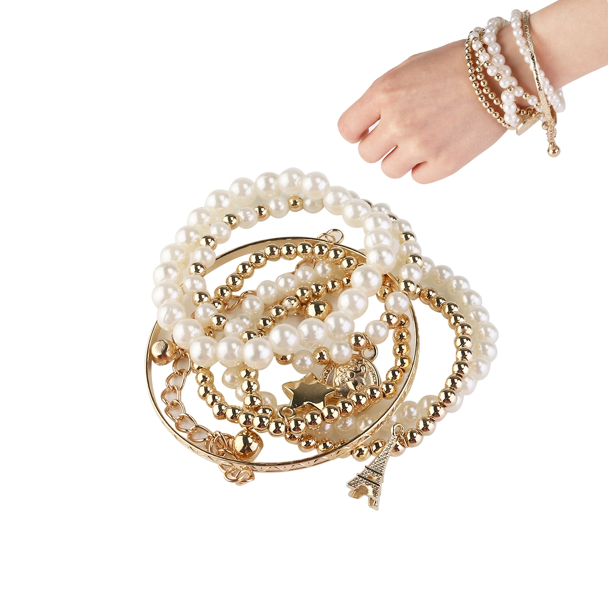 Pearl of the Eiffel Tower Multilayer Female Bracelets Jewelry Vintage Pearl Coin Combination Bracelets (Gold)