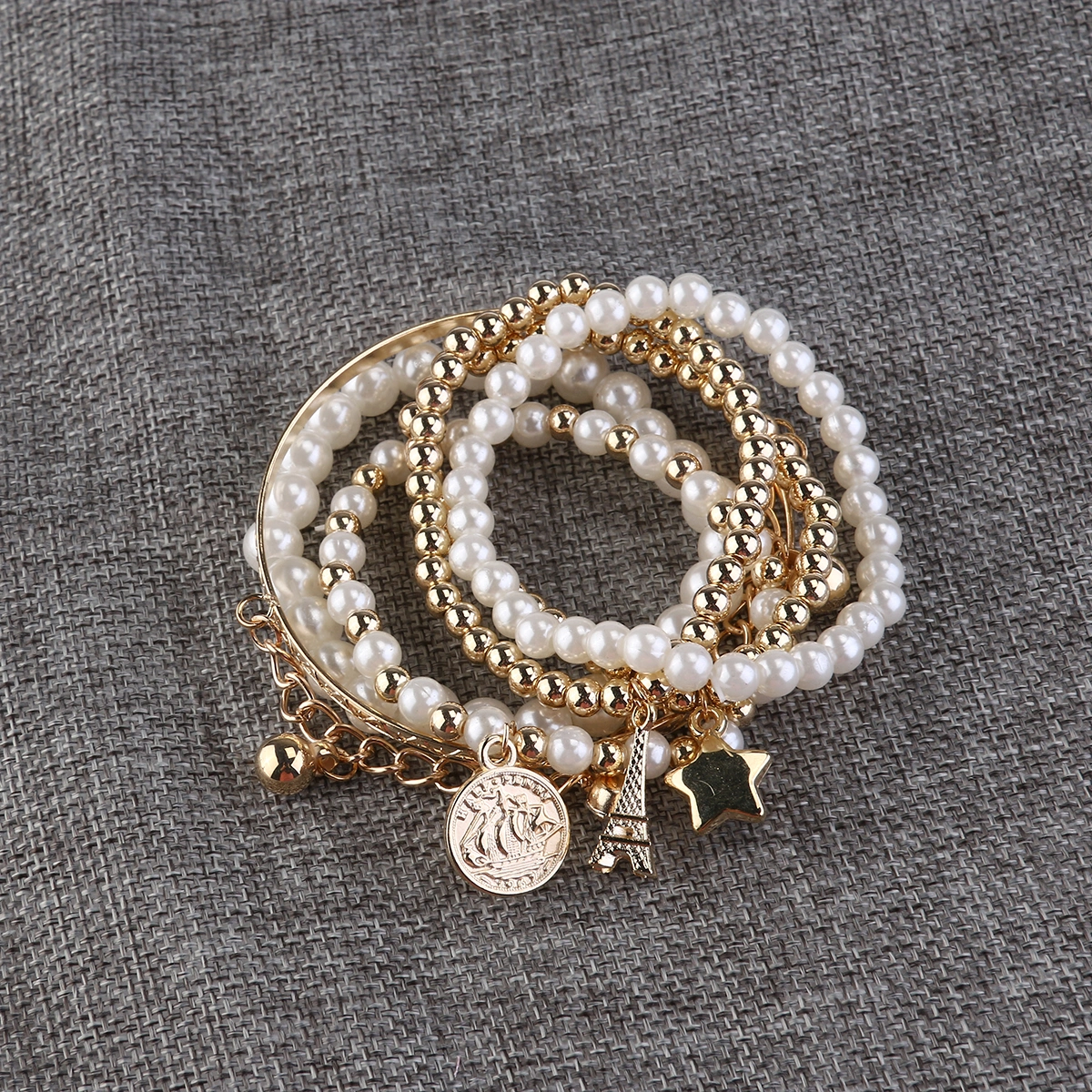 Pearl of the Eiffel Tower Multilayer Female Bracelets Jewelry Vintage Pearl Coin Combination Bracelets (Gold)