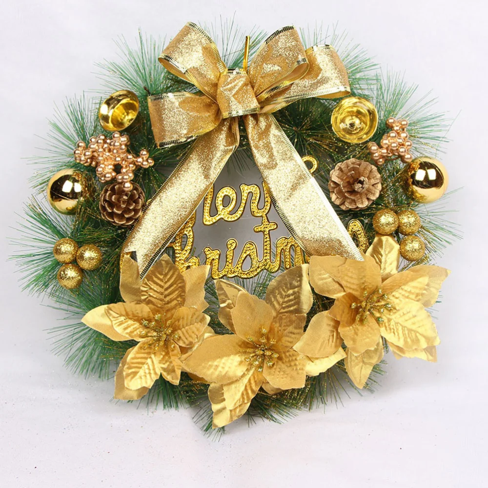 30cm Christmas Artificial Pine Wreath Hanging Pendant Decor Wreath for Home Christmas Party Wall Door Window Decor (Golden)