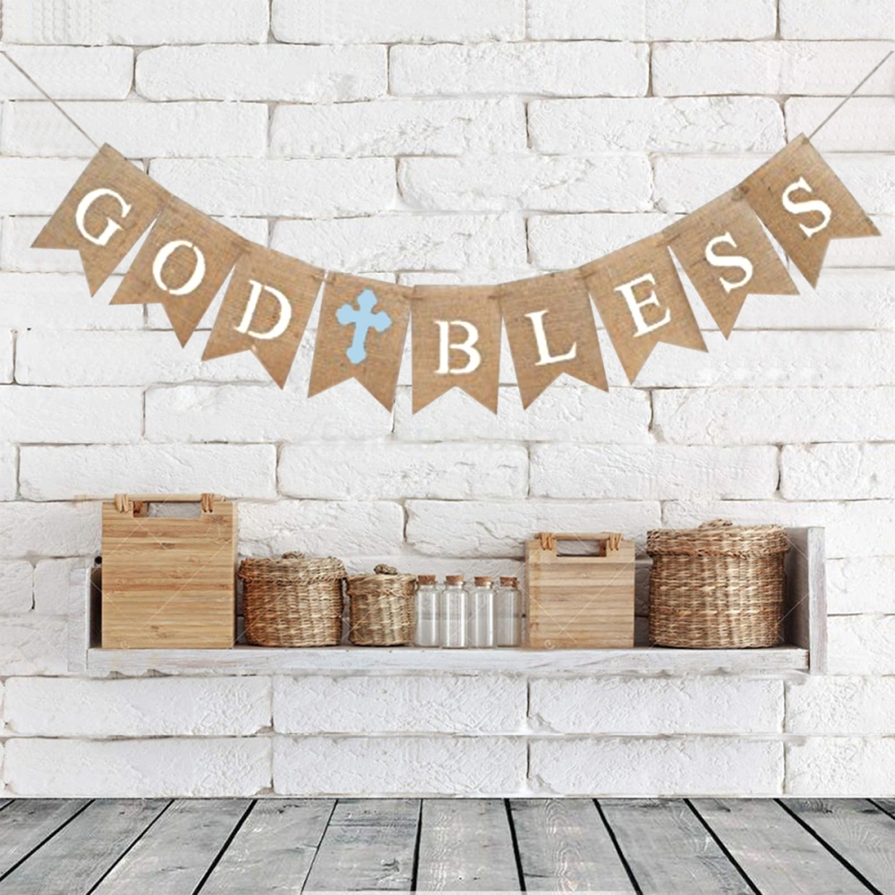 2.8 Meters GOD BLESS Letters Burlap Forked Tail Banners Garland Bunting Flags For Baby Shower Birthday Christening Baptism Party Decoration Favors (Brown And Blue)