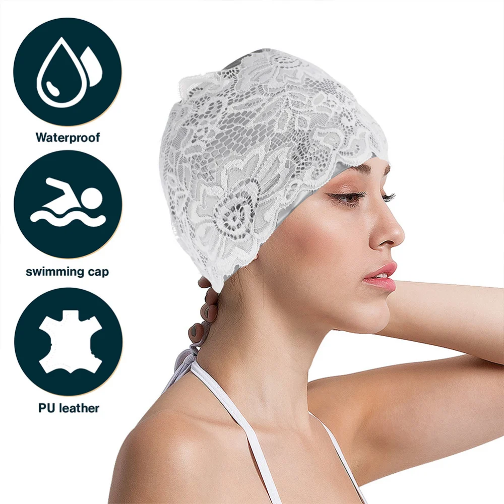 2pcs PU Waterproof Swimming Lace Swim Hat Bathing Caps for Women Ladies