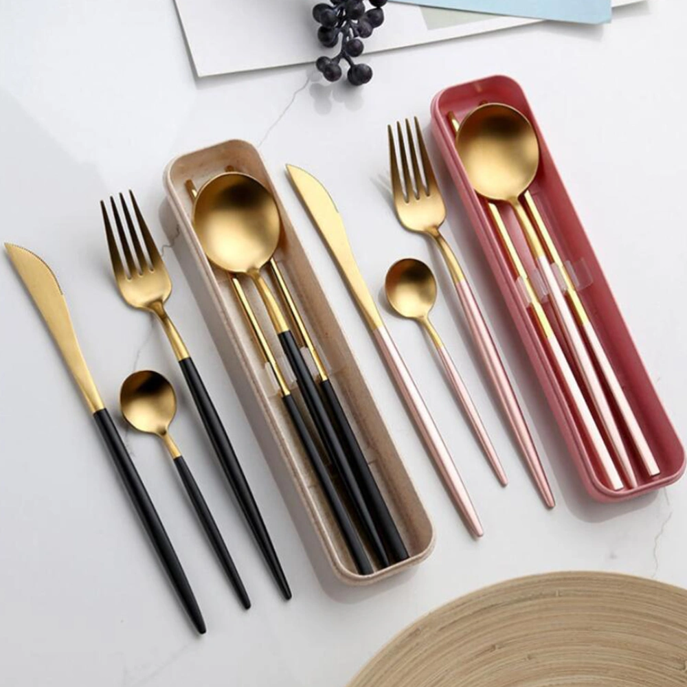 Stainless Steel Chopsticks Spoons Durable Simple Portable Gift Spoons Chopsticks for Man Woman (1 Pair of Chopsticks 1pcs Spoons, Black Golden, Cloth Bag, Khaki Portable Box)