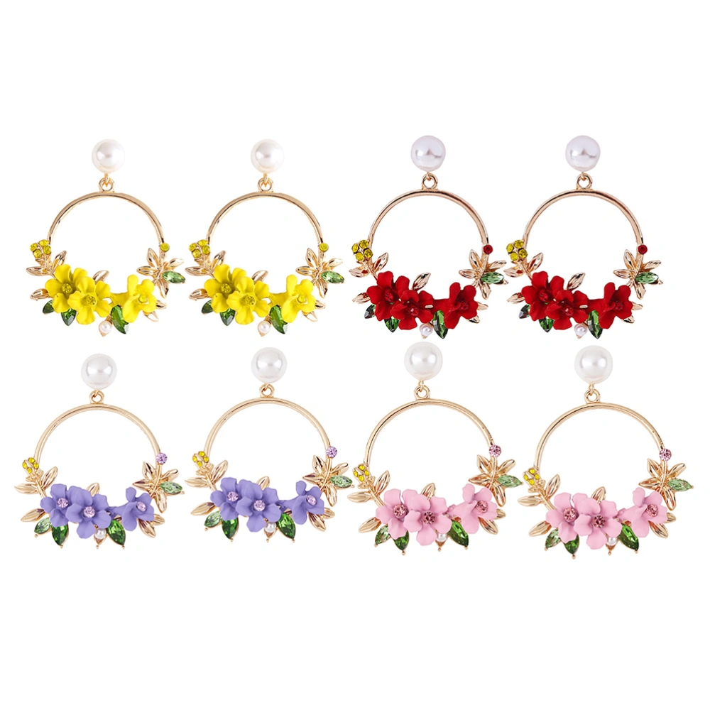 1Pair Inlaid Diamond Pearl Earrings with Resin Flowers Colorful Alloy Ear Stud Earbob (Purple)