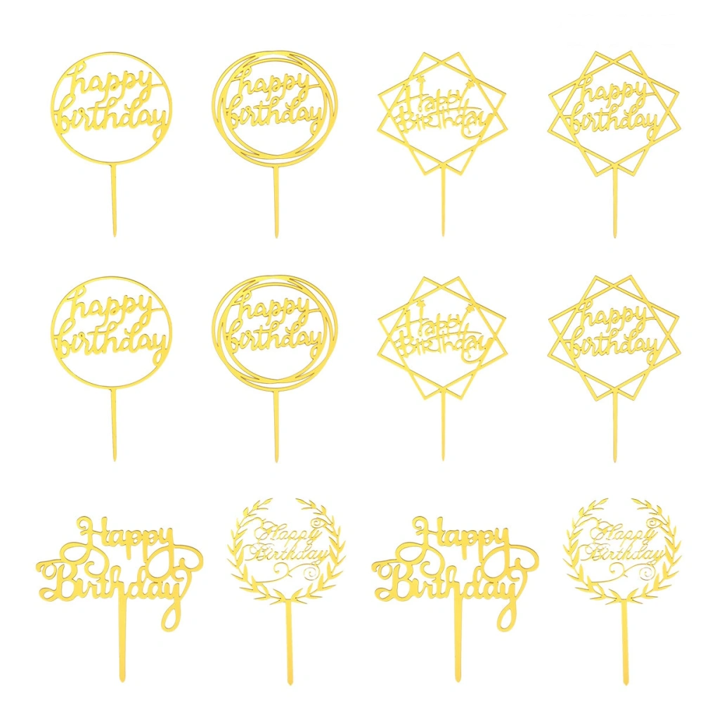 12Pcs Baking Dessert Topper Decorative Cake Insert Topper Acrylic Cake Decoration Golden