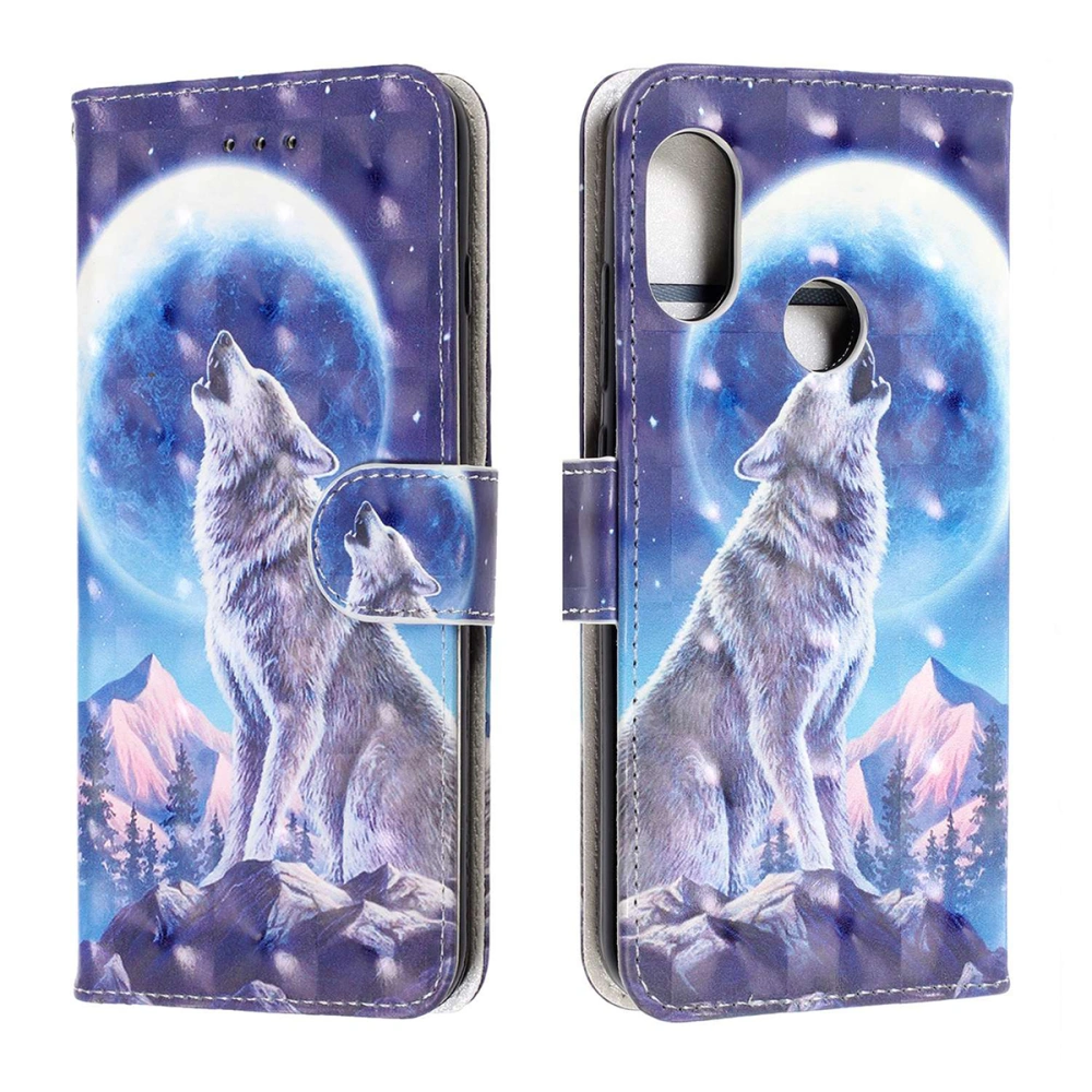 3D Colored Drawing Phone Case Scratch-resistant Shockproof Anti-fall Protective Leather Phone Cover for Redmi6Pro/A2 lite 3D (Snow Wolf)