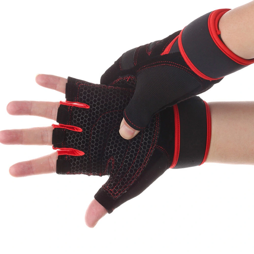 1 Pair Fitness Gym Glove Anti-Slip Breathable Weight Lifting Wrist Wrap Gloves Workout Bodybuilding Gloves (Size M, Black and Red)