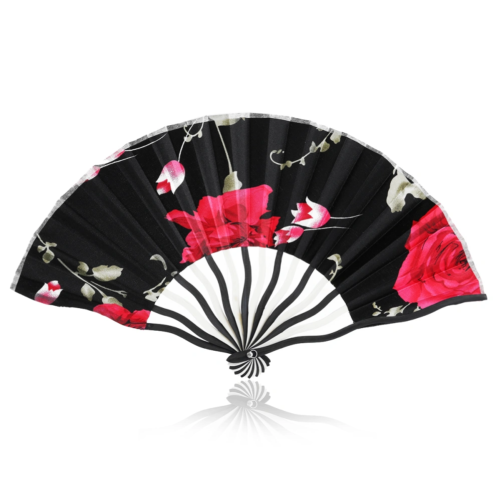 Chinese Rose Flower Folding Hand Fan with Curve Fan Ribs (Random Style)