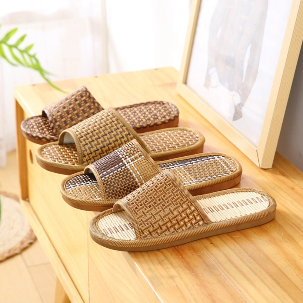 1 Pair Rattan Woven Slippers Summer Cool Sandals Couple Home Slippers Apricot