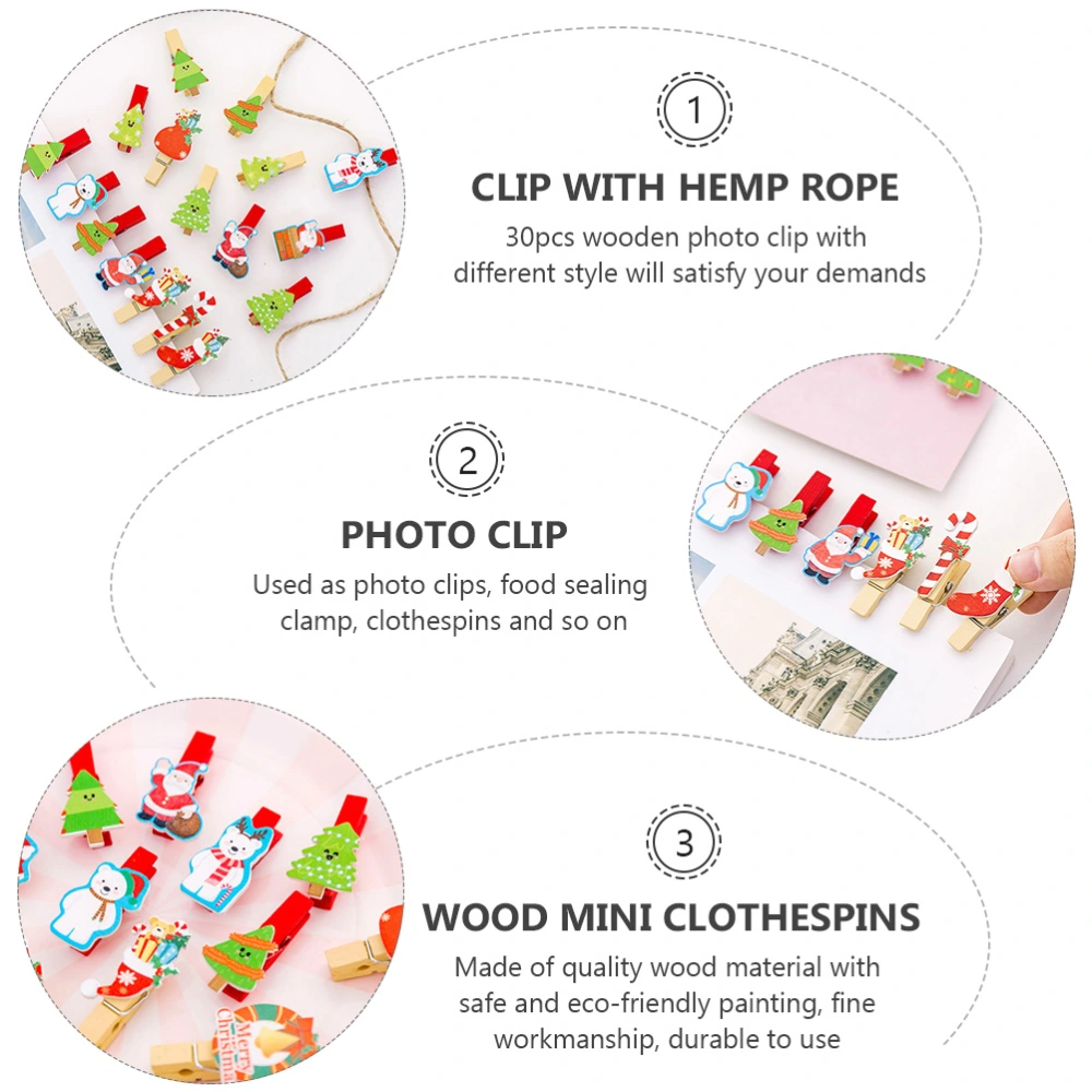 30pcs Christmas Wooden Small Photo Clips with Hemp Rope (Assorted Color)